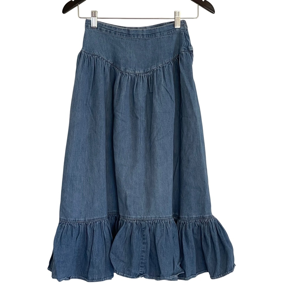 Hunters Run Vintage‎ Blue Denim Prairie Midi Skirt Ruffle Tiered Size 4 Western